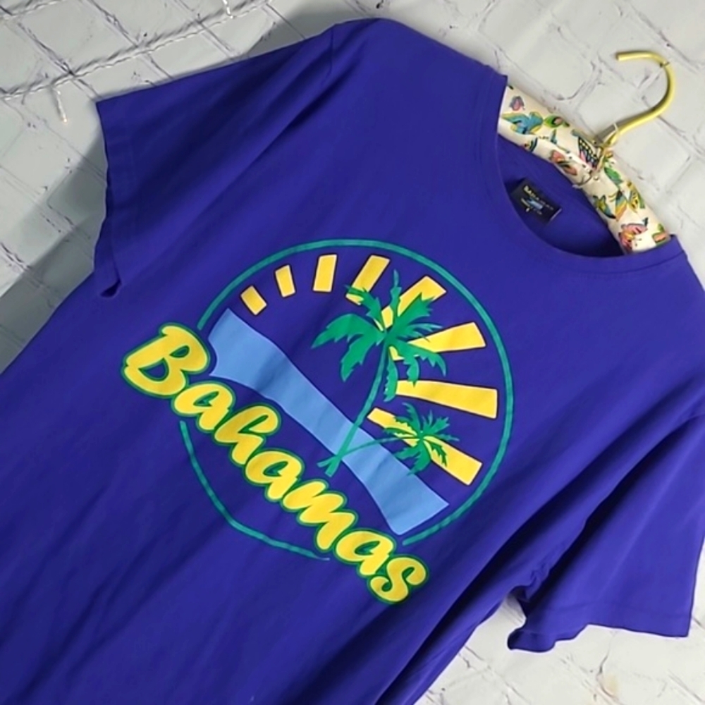 Vintage 90s Bahamas Rising Sun Beach Tropical Graphic Print Navy Blue Tee Mens L - Picture 6 of 15